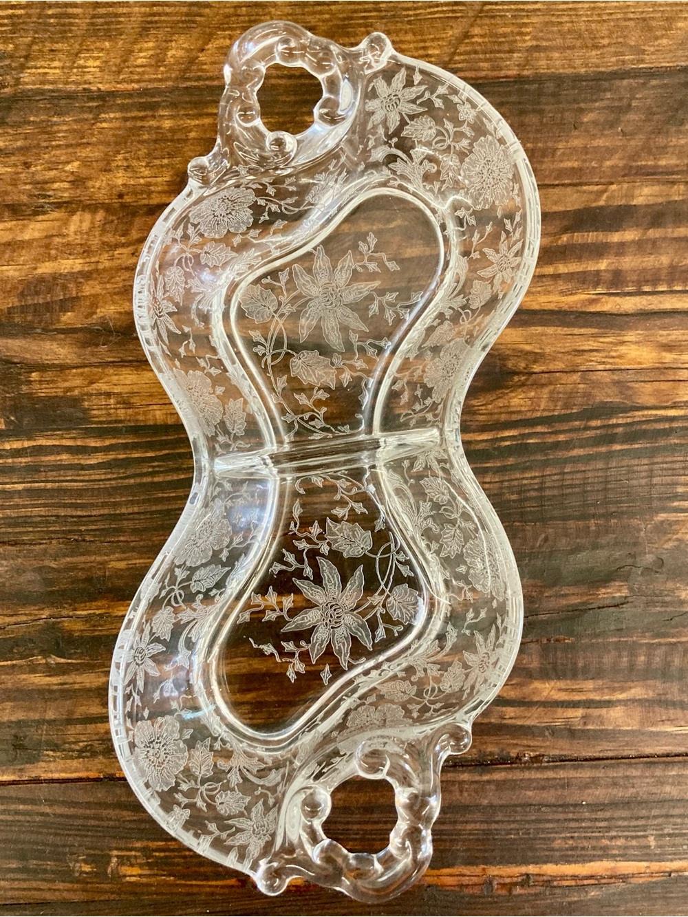 Clear Glass Wildflower Etched Glass Relish Dish Cottage Core 2 Section
